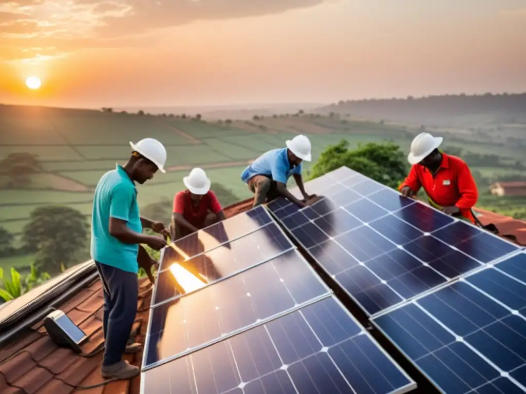 Comunidad rural instalando paneles solares juntos al atardecer, reflejando redes de apoyo energía renovable