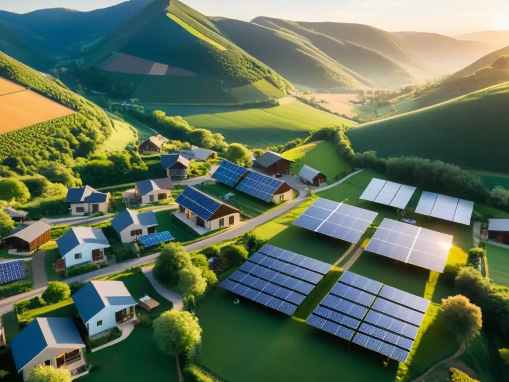 Una comunidad rural en un valle verde con microredes sostenibles para comunidades, bañada por la suave luz del atardecer