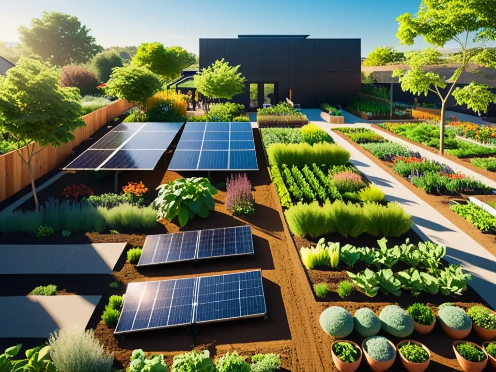 Una comunidad solar vibrante y armoniosa, con paneles integrados en un jardín lleno de vida y diversidad