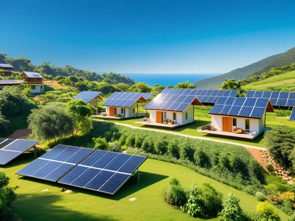 Una comunidad sostenible y autónoma disfruta del impulso de energía solar, integrando armoniosamente la naturaleza y la vida comunitaria