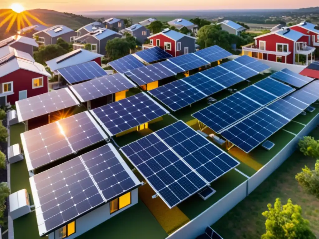 Una comunidad sostenible con microgrids comunitarias, paneles solares interconectados y almacenamiento de energía