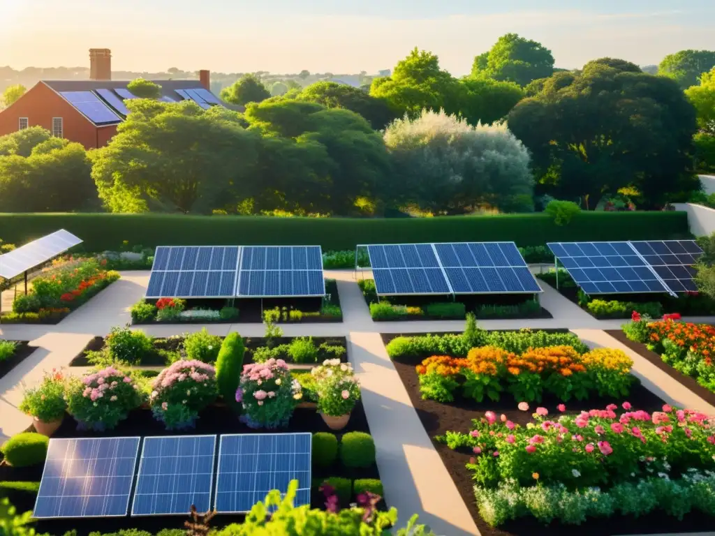 Comunidad sostenible con jardín y paneles solares, promoviendo el uso de energías renovables