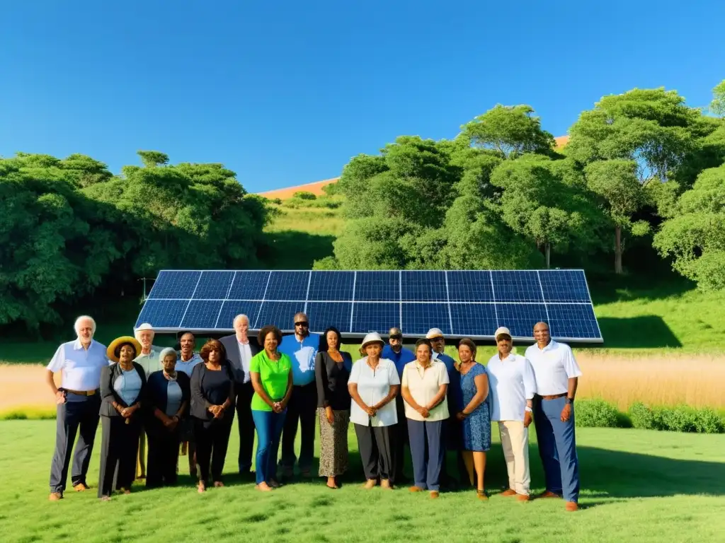 Comunidad unida frente a panel solar, proyecto sostenible