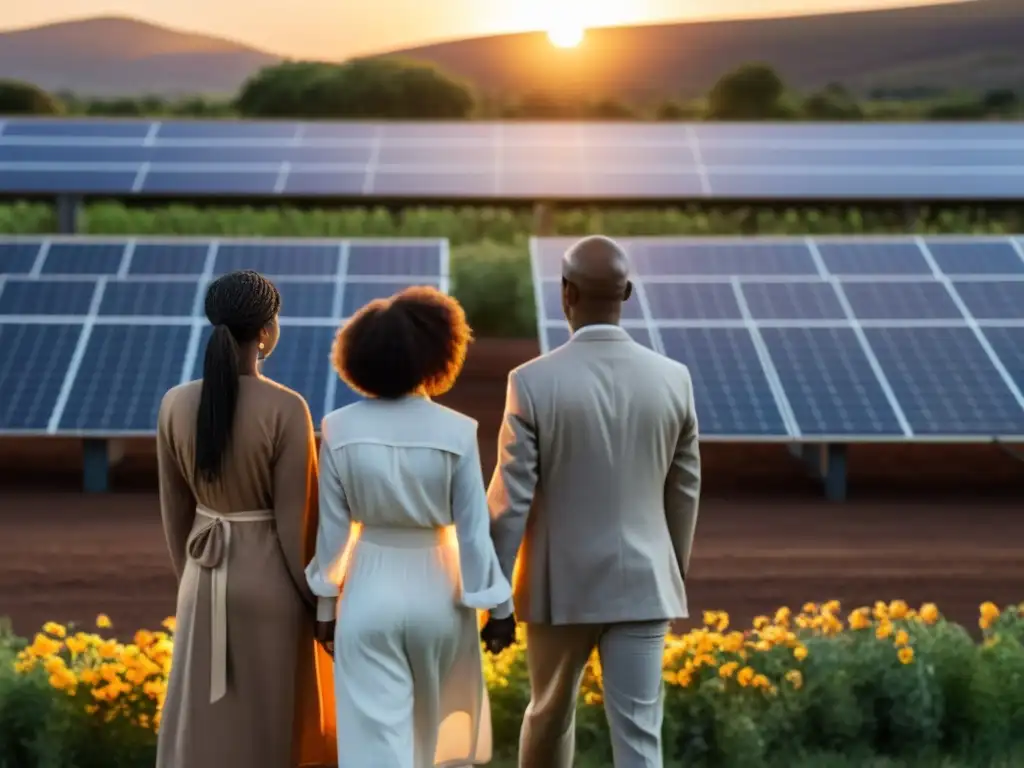 Comunidad unida frente a paneles solares, con el sol poniente iluminando rostros