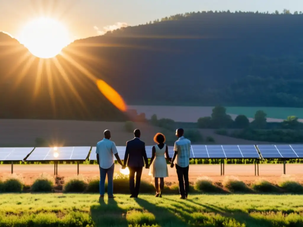 Comunidad unida frente a paneles solares al atardecer, reflejando esperanza y potencial para financiar proyecto energía solar comunitaria