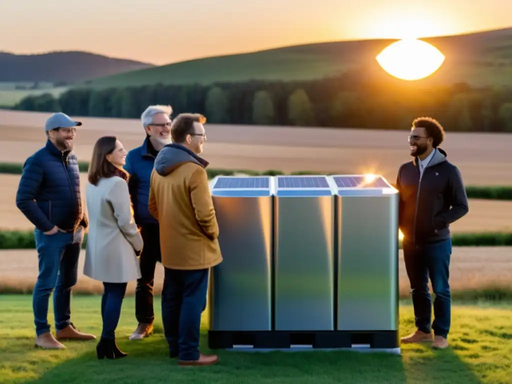 Comunidad unida alrededor de moderno almacenamiento de energía, con el sol dorado al atardecer