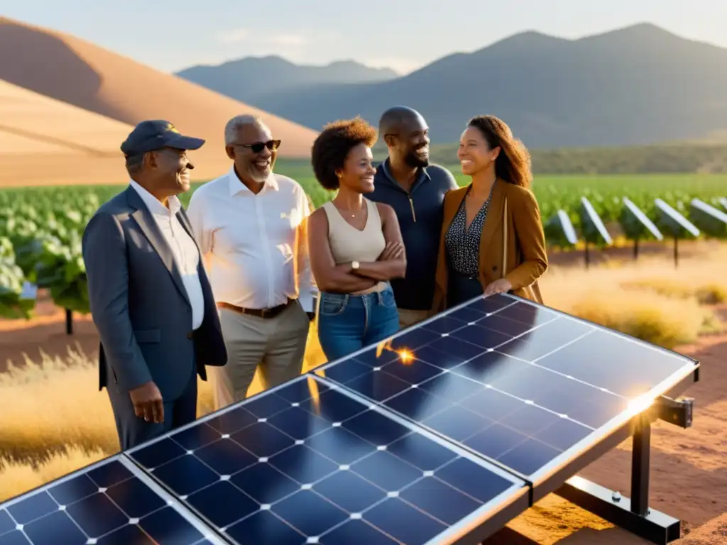 Comunidad unida en torno a proyectos de energía solar comunitaria sostenible, con paneles solares reflejando la luz dorada del sol