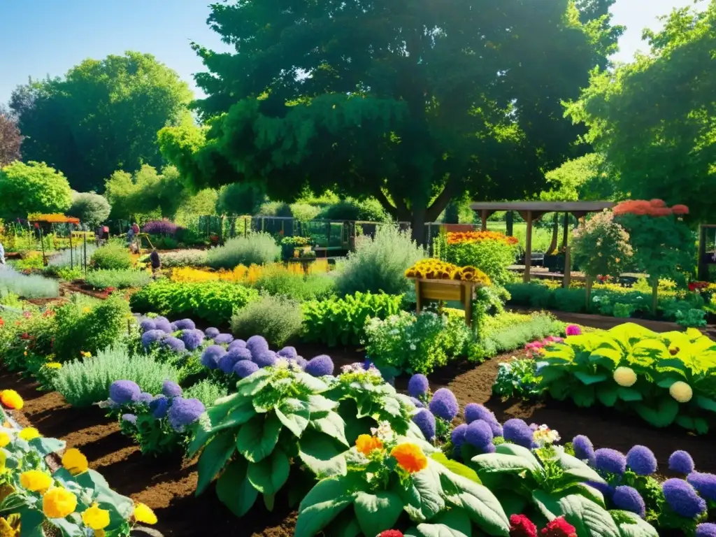 Una comunidad vibrante y exuberante en un jardín sostenible, donde se cultivan flores, verduras y árboles frutales