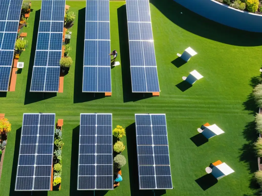 Una comunidad vibrante y sostenible cuidando un jardín solar, reflejo del impulso energía solar comunidades sostenibles