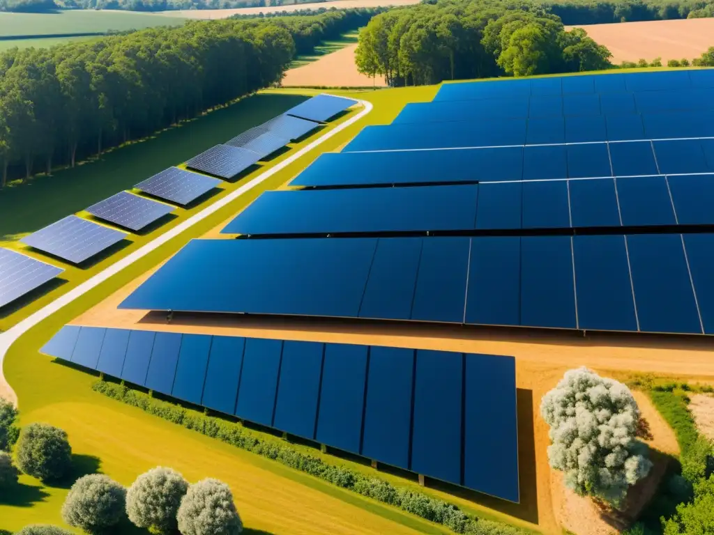 Instalación comunitaria de energía solar, innovación tecnológica en energía solar con diseño moderno y limpio integrado en el paisaje natural