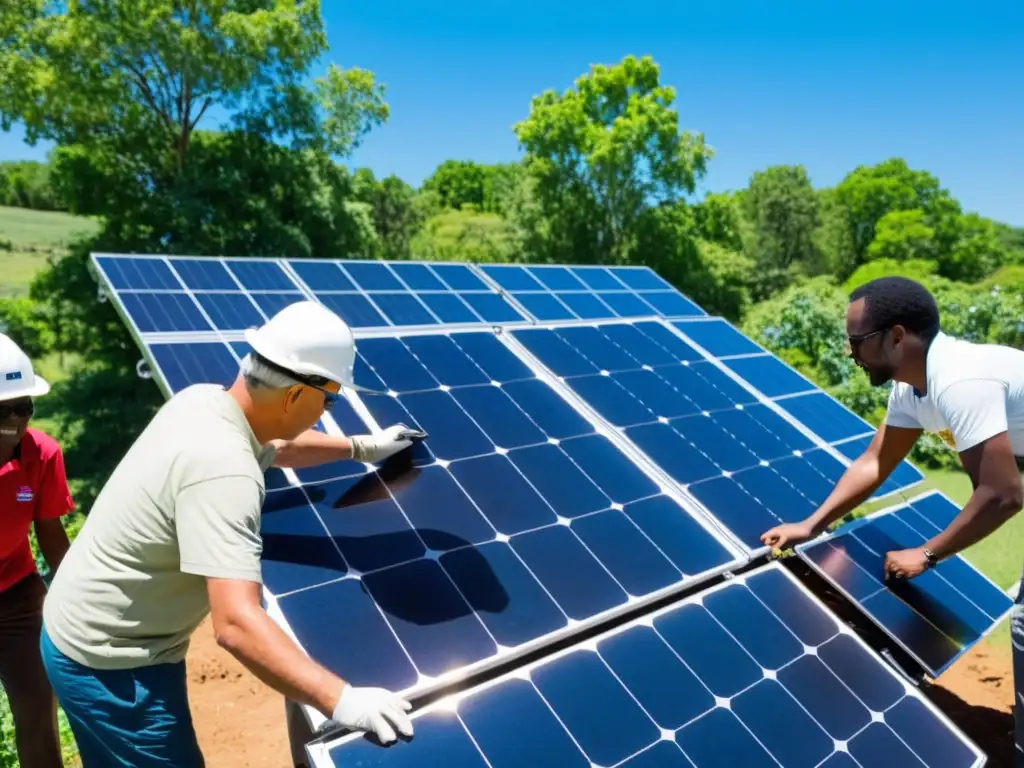 Instalación comunitaria de paneles solares en un día soleado