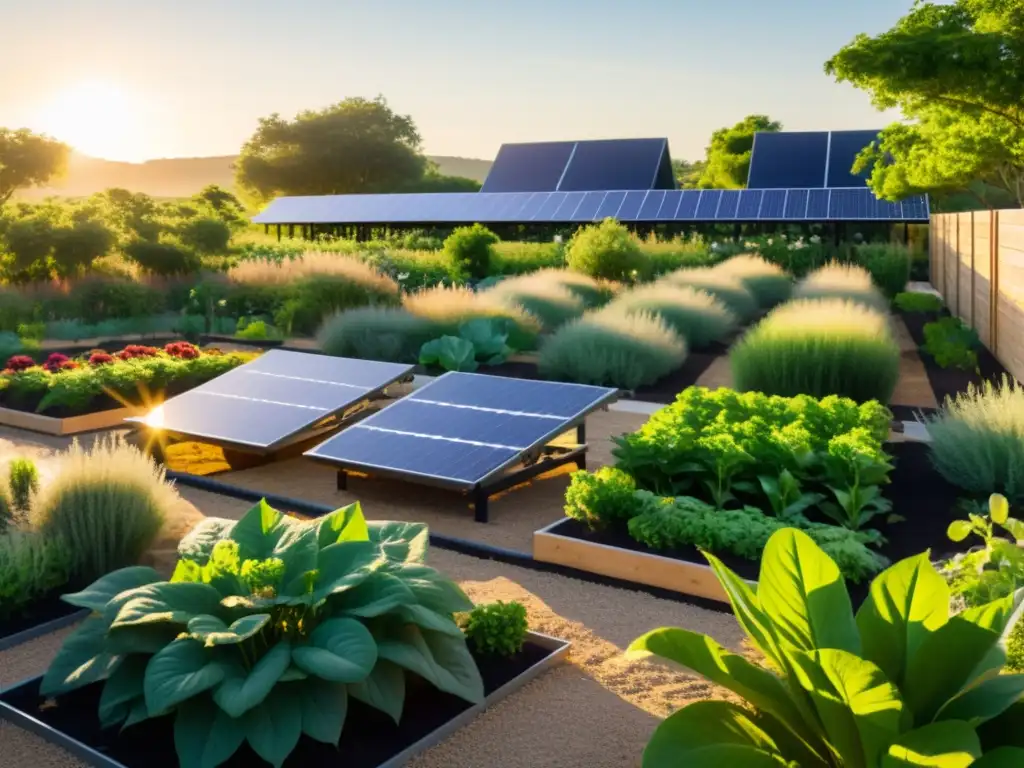 Un jardín comunitario bañado por el sol con paneles solares, reflejando beneficios energía solar para comunidad