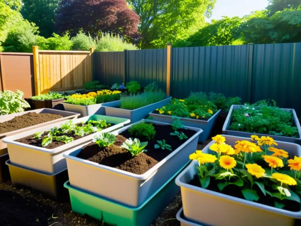 Un jardín comunitario próspero con plantas exuberantes y flores coloridas, rodeado de contenedores de compostaje ordenados