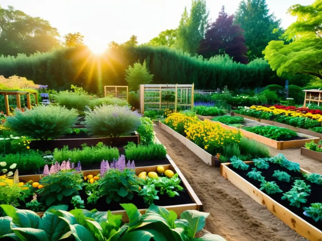 Jardín comunitario rebosante de frutas, verduras y flores coloridas, con una atmósfera de abundancia y sostenibilidad de alimentos kilómetro cero