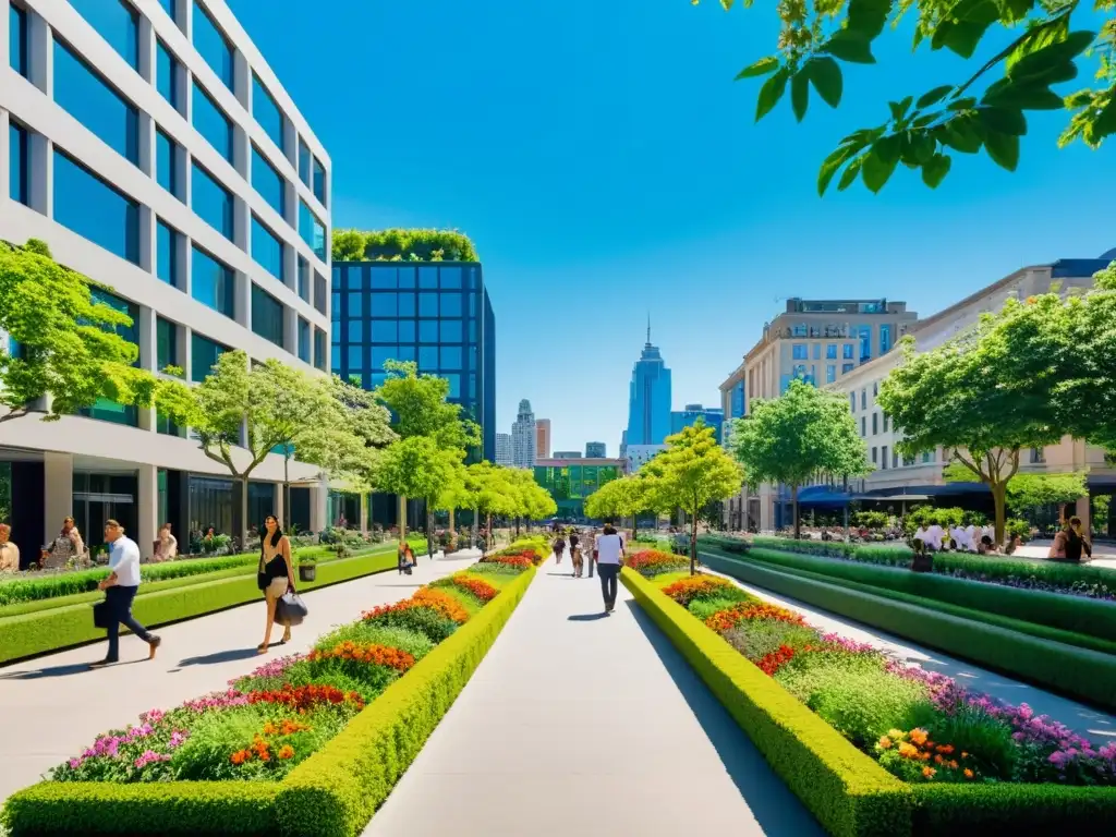 Transformación de una concurrida calle urbana en un vibrante parque verde, creando un oasis sostenible en entorno urbano