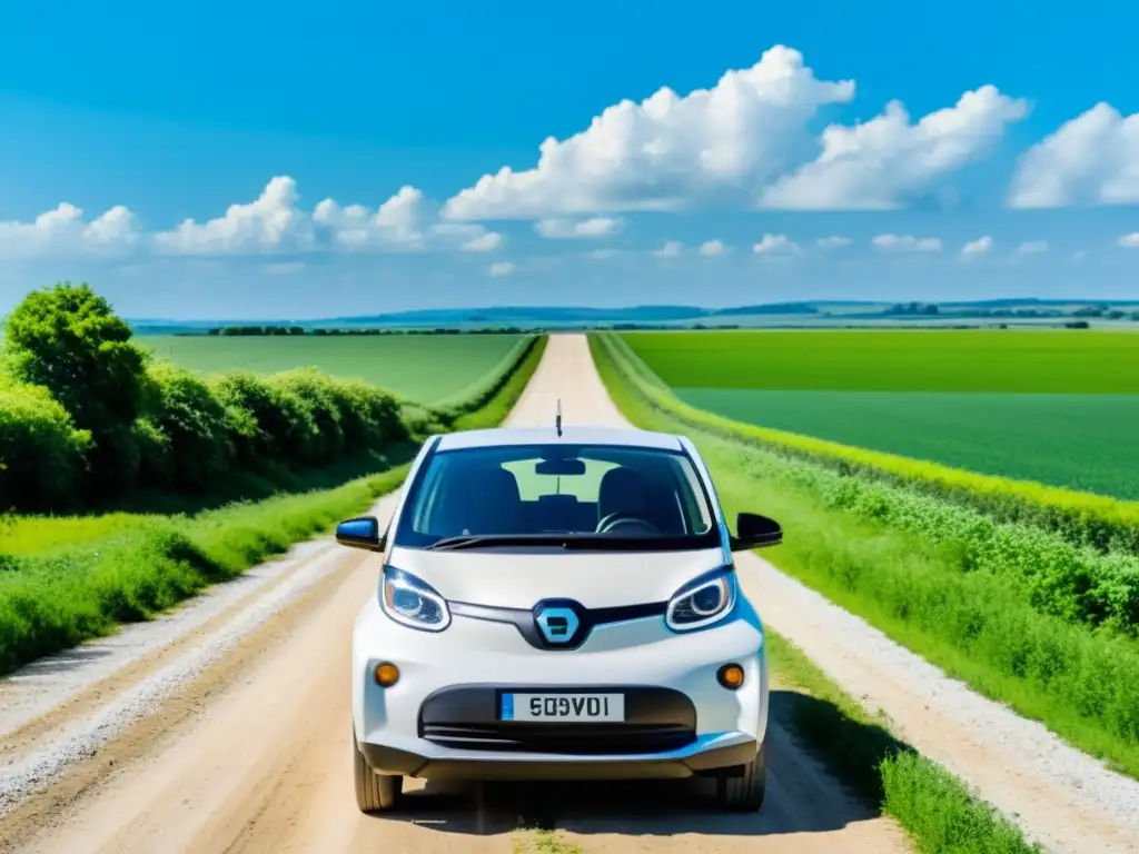 Un conductor observa un paisaje rural tranquilo desde su vehículo eléctrico