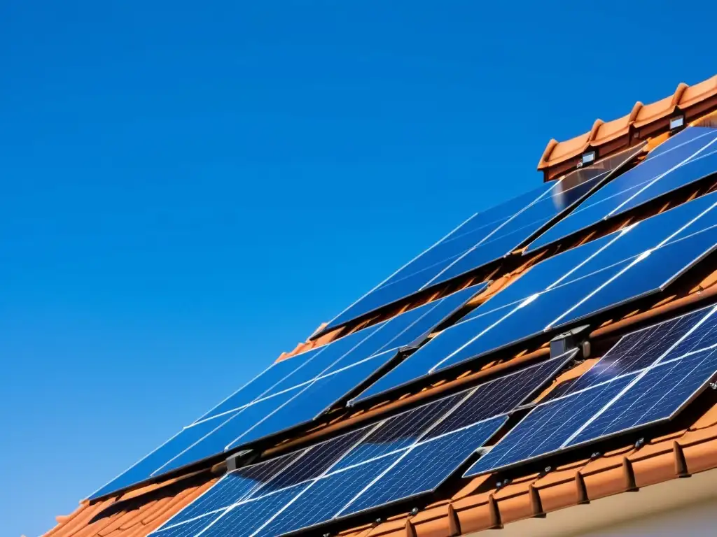 Un conjunto moderno de paneles solares instalados en el techo de una casa contemporánea, brillando bajo el sol