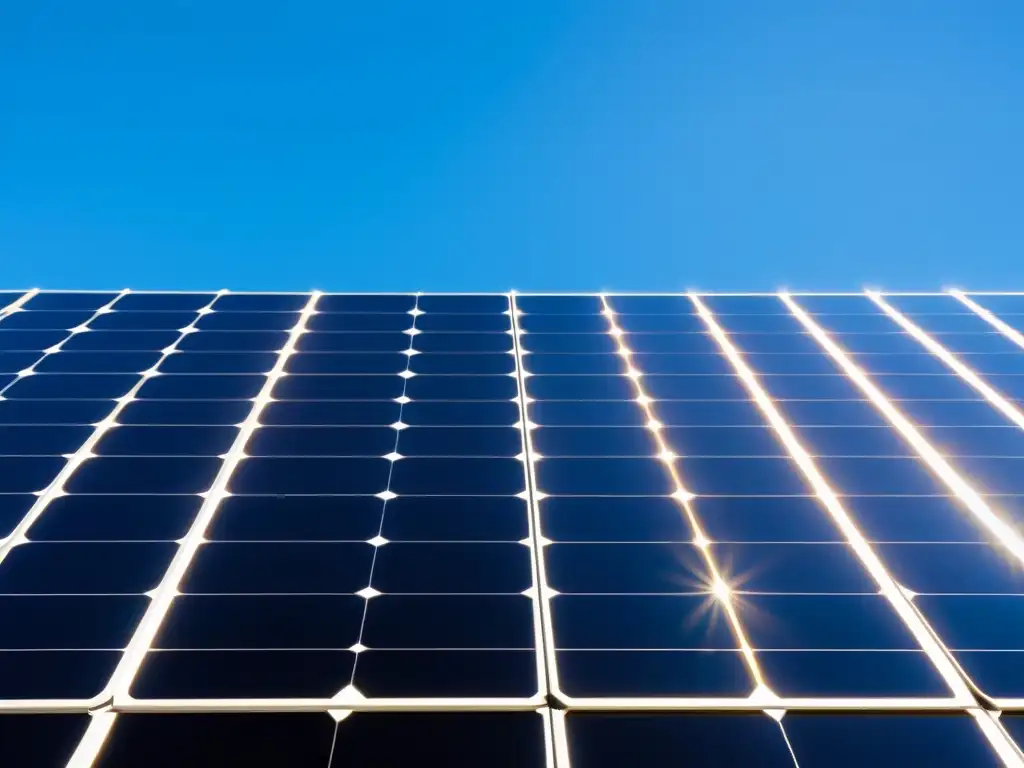 Un conjunto de paneles solares en un cielo azul claro, reflejando la luz del sol