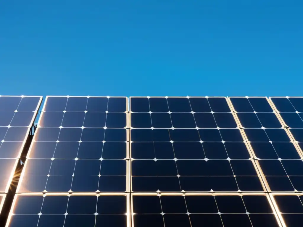 Un conjunto de paneles solares en un cielo azul, reflejando luz y proyectando sombras detalladas