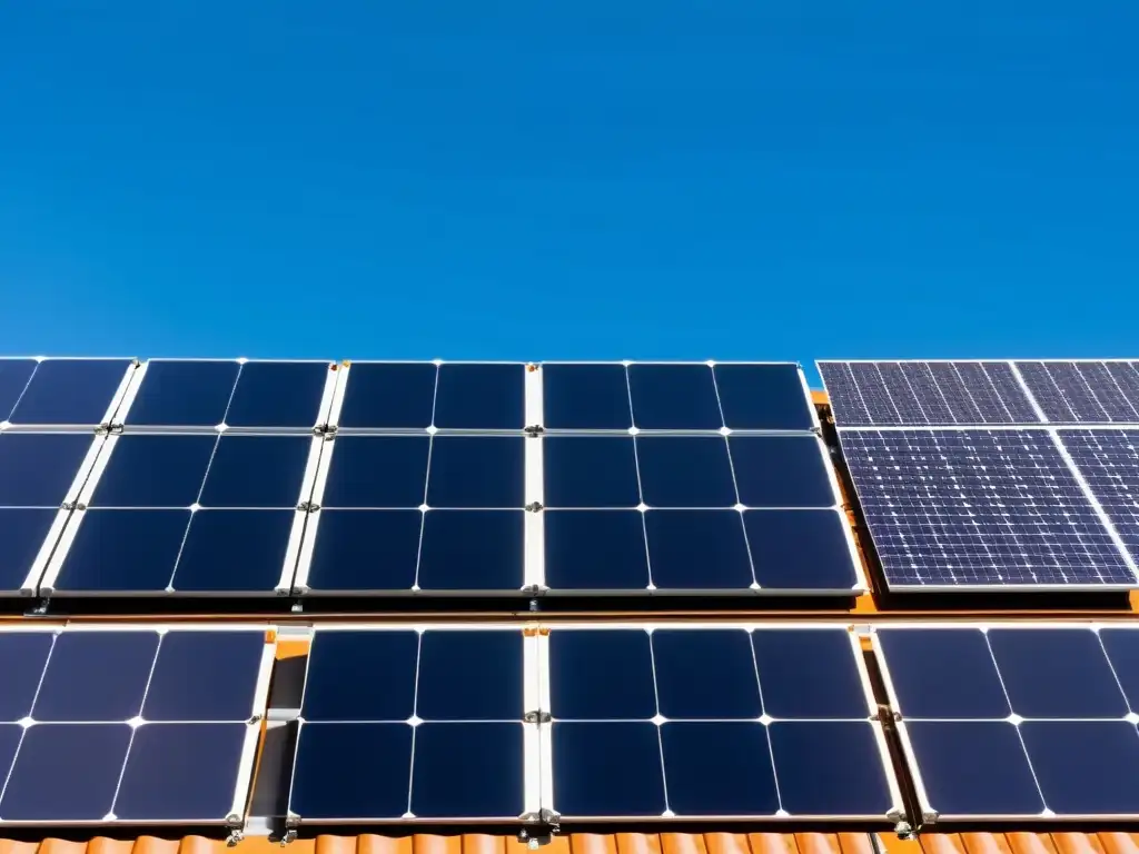 Un conjunto de paneles solares de diseño moderno y limpio, captando la luz solar en un cielo azul claro