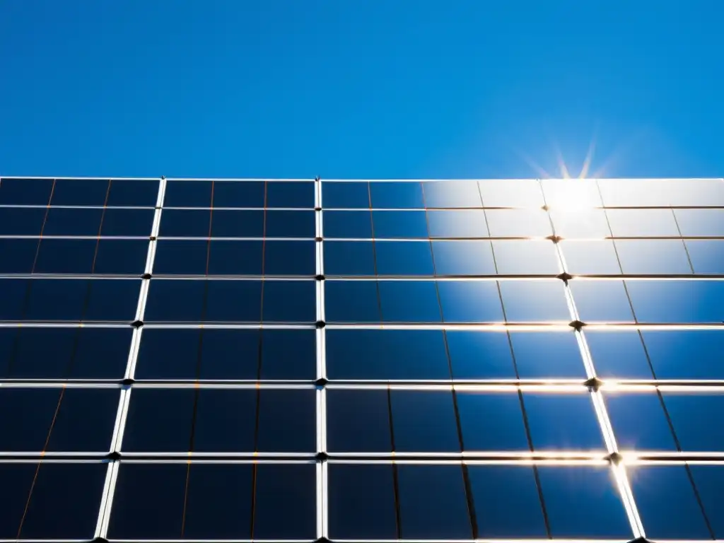 Un conjunto de paneles solares en perfecta simetría capturando la luz solar, contrastando con el cielo azul