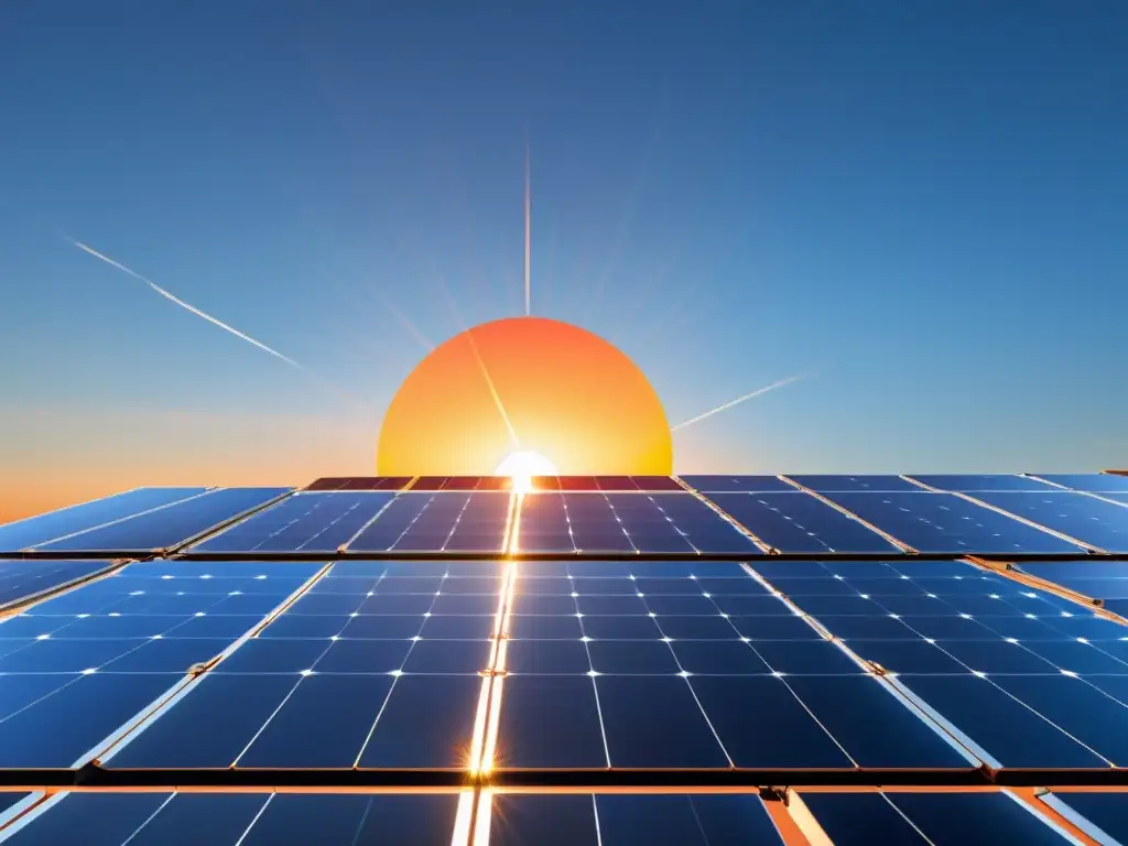 Un conjunto de paneles solares de última tecnología brilla bajo el sol, capturando los colores vibrantes del atardecer