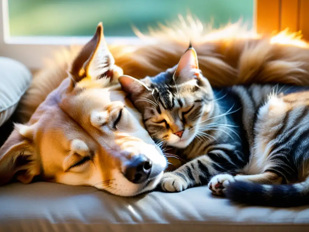 Una conmovedora imagen de un perro y un gato durmiendo juntos en paz en una cama para mascotas, iluminados por la cálida luz del sol