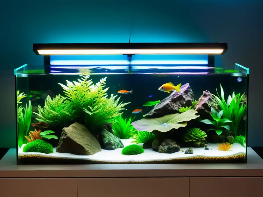 Consejos de iluminación para acuarios y terrarios sostenibles: moderno sistema LED sobre un vibrante acuario, creando un ambiente tranquilo y ecológico