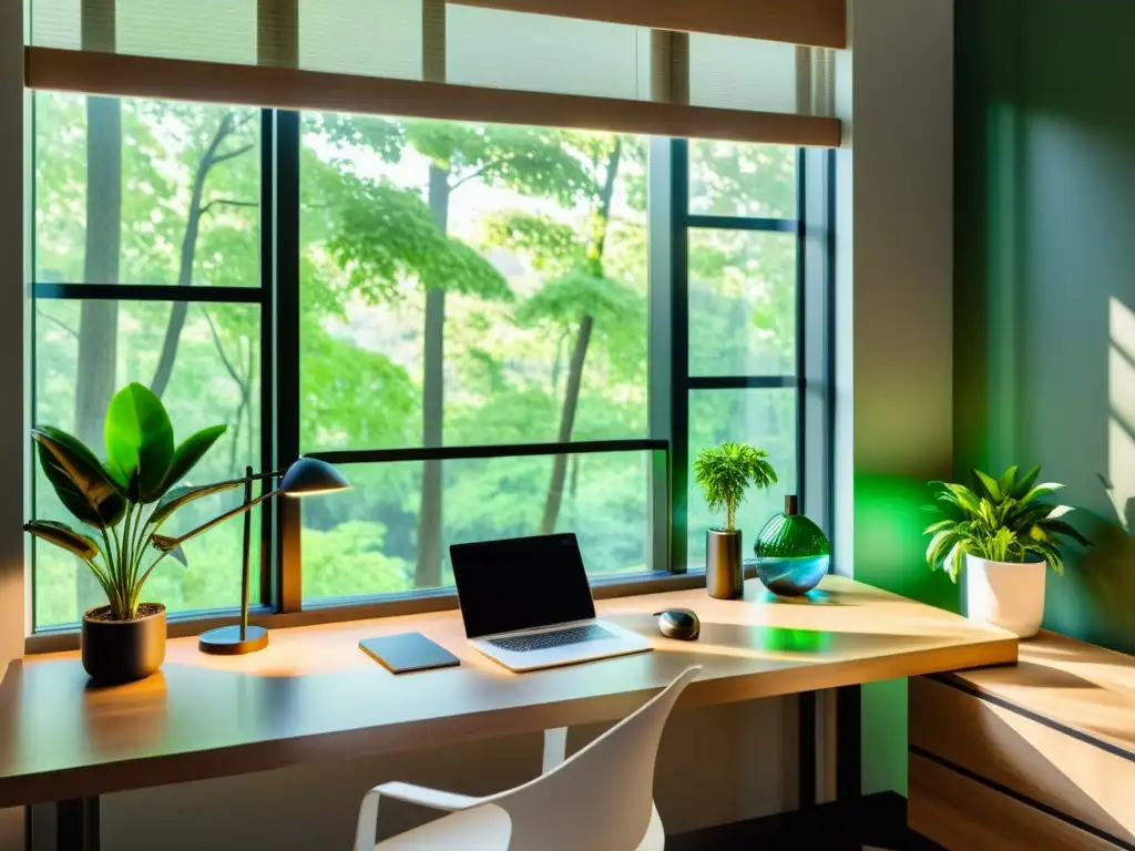 Consejos para una gestión energética sostenible en el home office: escritorio minimalista con lámpara LED, plantas y luz natural