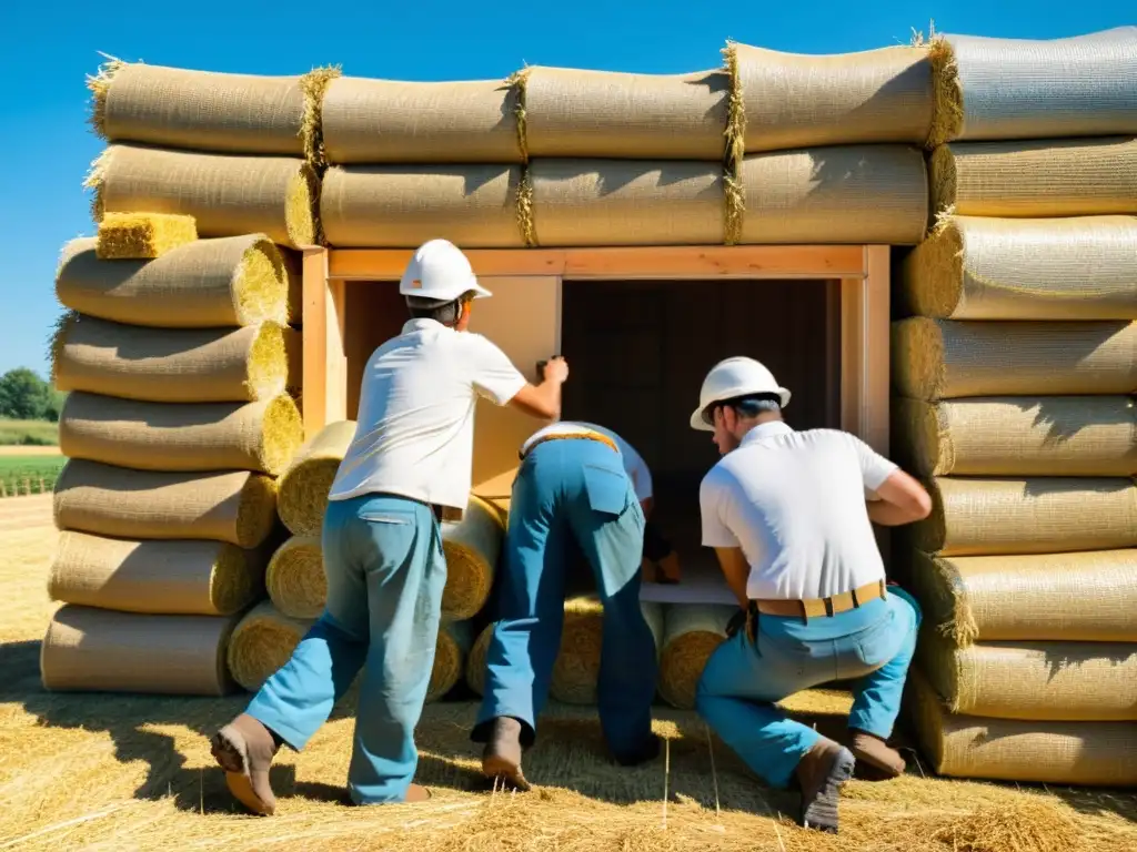 Construcción cuidadosa de casas de paja sostenibles aislamiento bajo el cálido sol, destacando el contraste visual con el cielo azul claro