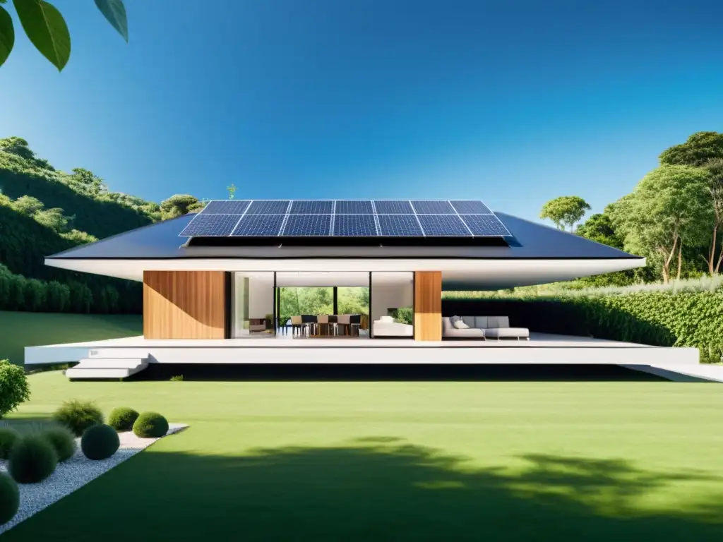 Construcción de hogares eficientes con paneles solares: Casa moderna con paneles solares en el techo, rodeada de vegetación y cielo azul