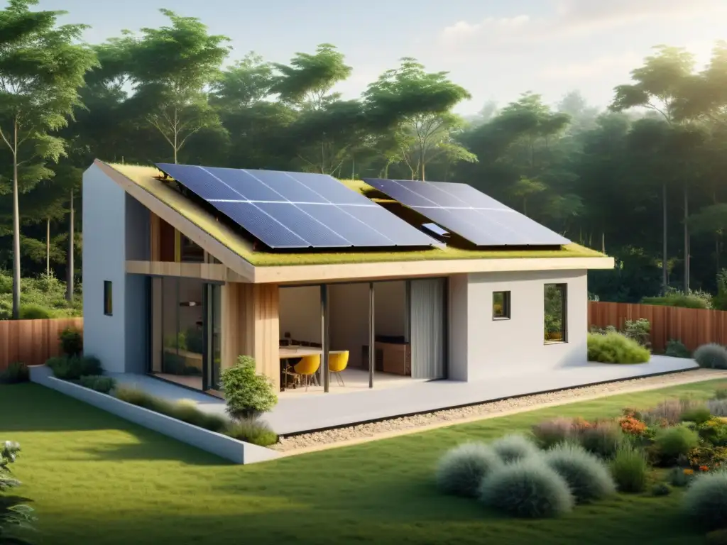 Construcción de vivienda sostenible con energía solar y jardín ecológico, siguiendo regulaciones construcción viviendas sostenibles