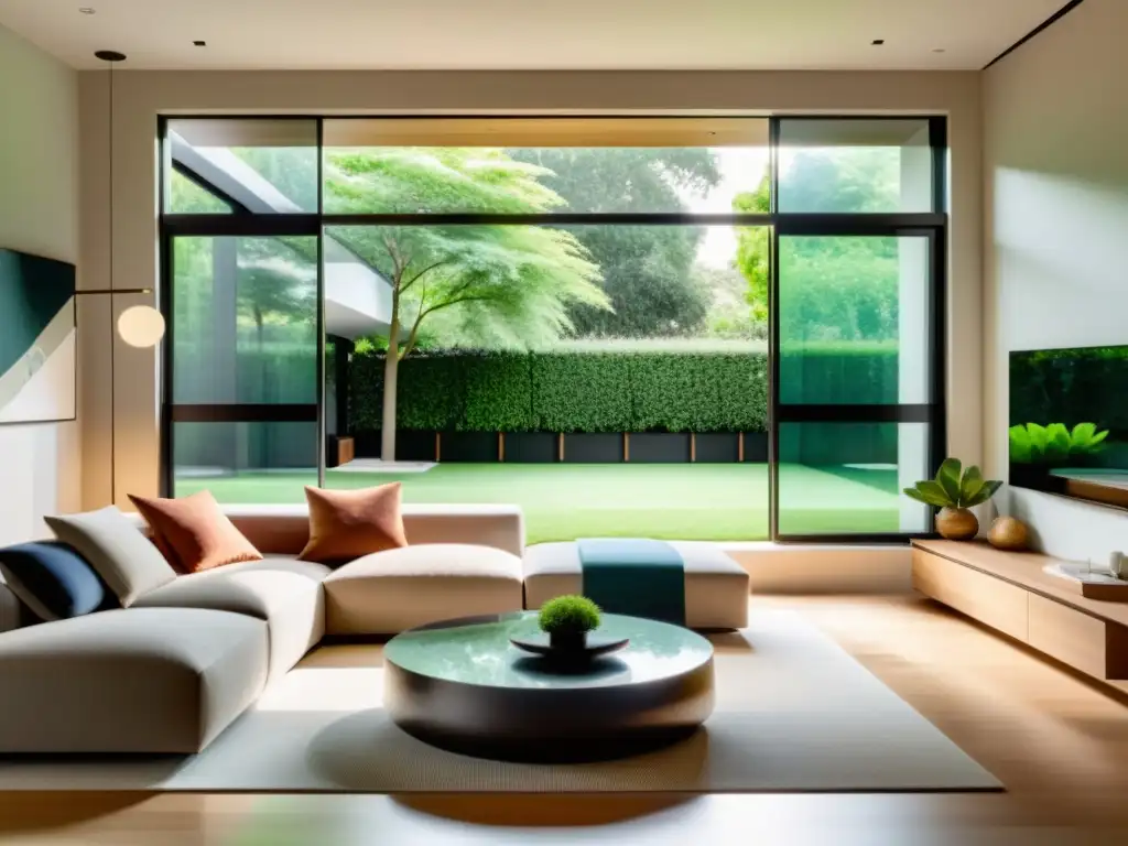 Consumo eficiente de luz casa: Salón moderno con iluminación inteligente integrada, decoración minimalista y vista a jardín exuberante