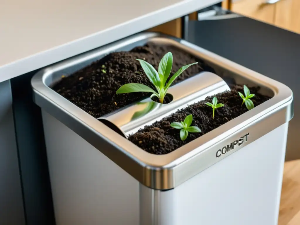 Un contenedor de compostaje doméstico de acero inoxidable, con compost oscuro y un brote verde, simboliza el control de olores en compostaje doméstico