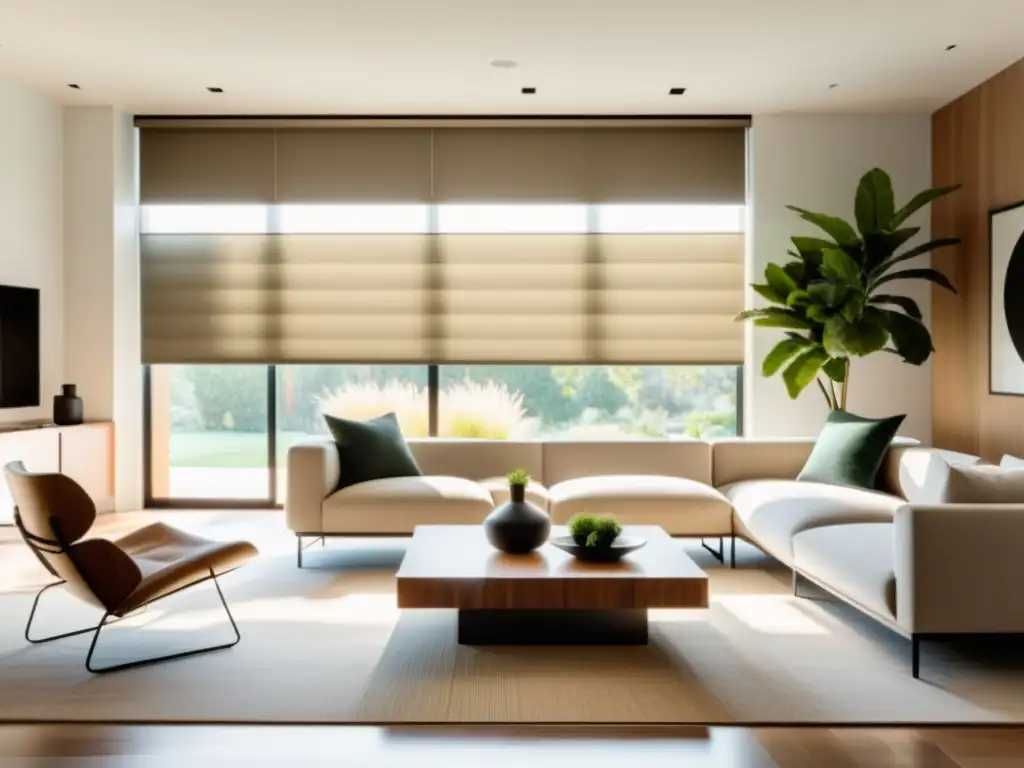 Cortinas y persianas para eficiencia energética en moderno salón con diseño sostenible y luminosidad natural en 8k