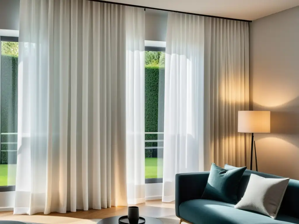 Cortinas y persianas para eficiencia energética: Lujo minimalista con cortinas blancas de alta calidad que filtran suavemente la luz solar en una habitación elegante y moderna