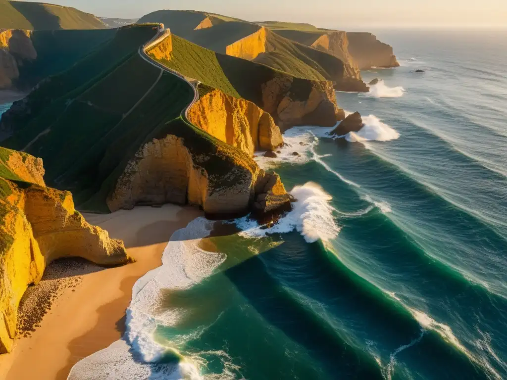 Costa portuguesa al atardecer, olas poderosas del Atlántico chocando contra acantilados