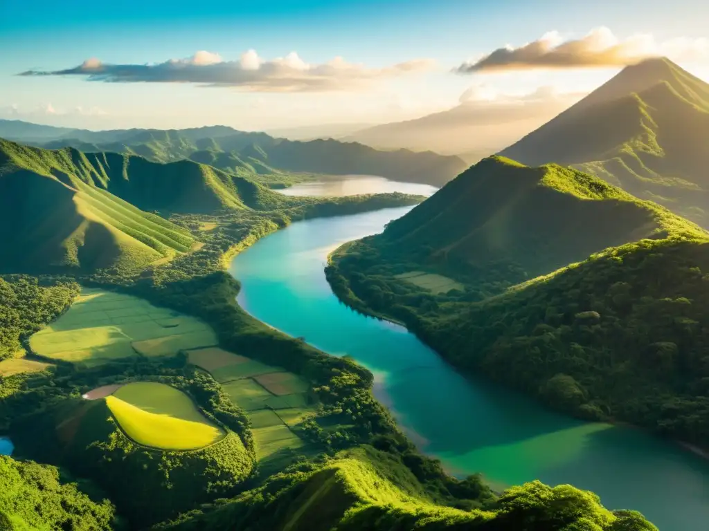 Costa Rica camino hacia futuro renovable: Atardecer sereno con montañas verdes, río sinuoso y cielo colorido, reflejando armonía con la naturaleza