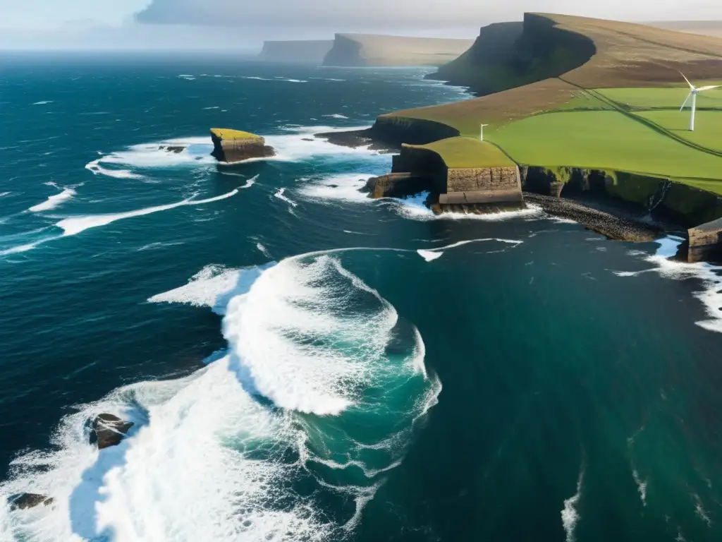 Costa rocosa de las Islas Orkney con energía mareomotriz y eólica, capturando su belleza minimalista y su autonomía energética con mareas