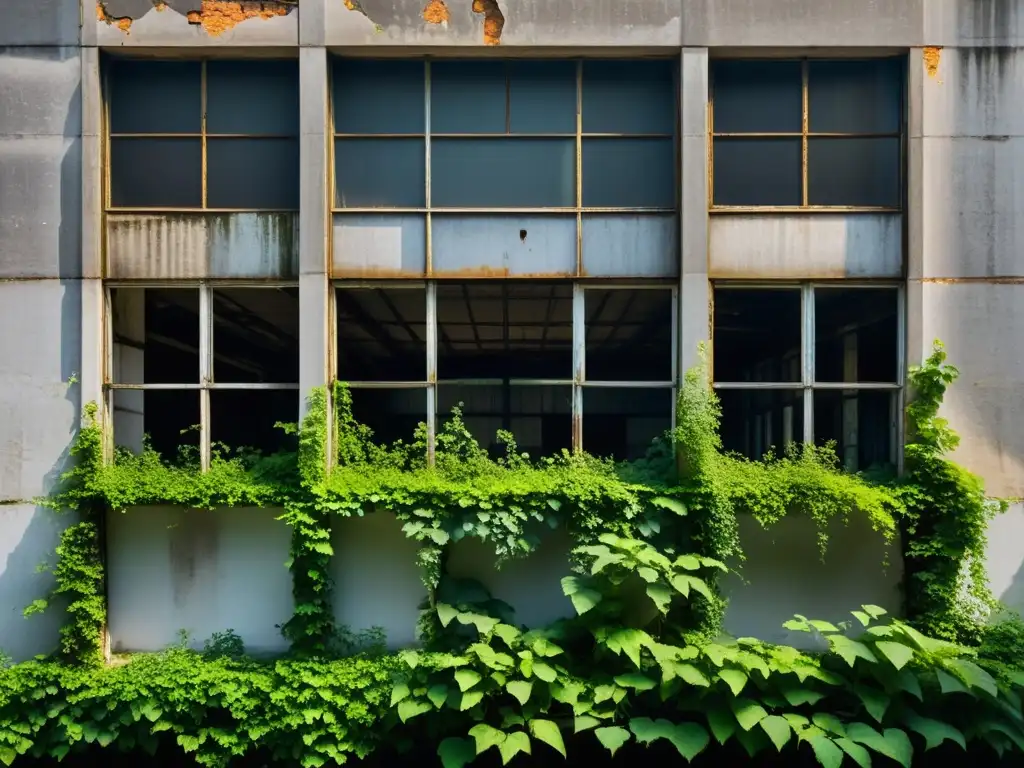 Reutilización creativa de edificios: Fotografía de un edificio industrial abandonado, invadido por la naturaleza, con detalles de plantas y luz que evocan la renovación y el abandono