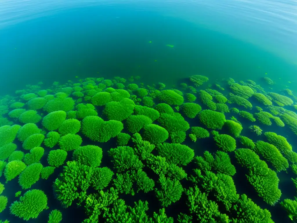 Un cultivo de algas marinas flotando en aguas cristalinas, con la luz del sol creando patrones hipnóticos