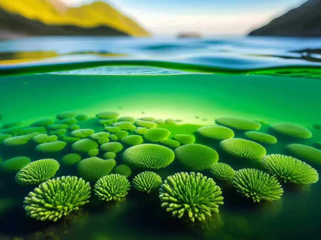 Un cultivo exuberante de microalgas verdes flotando en agua clara y brillante, creando una escena serena y fascinante