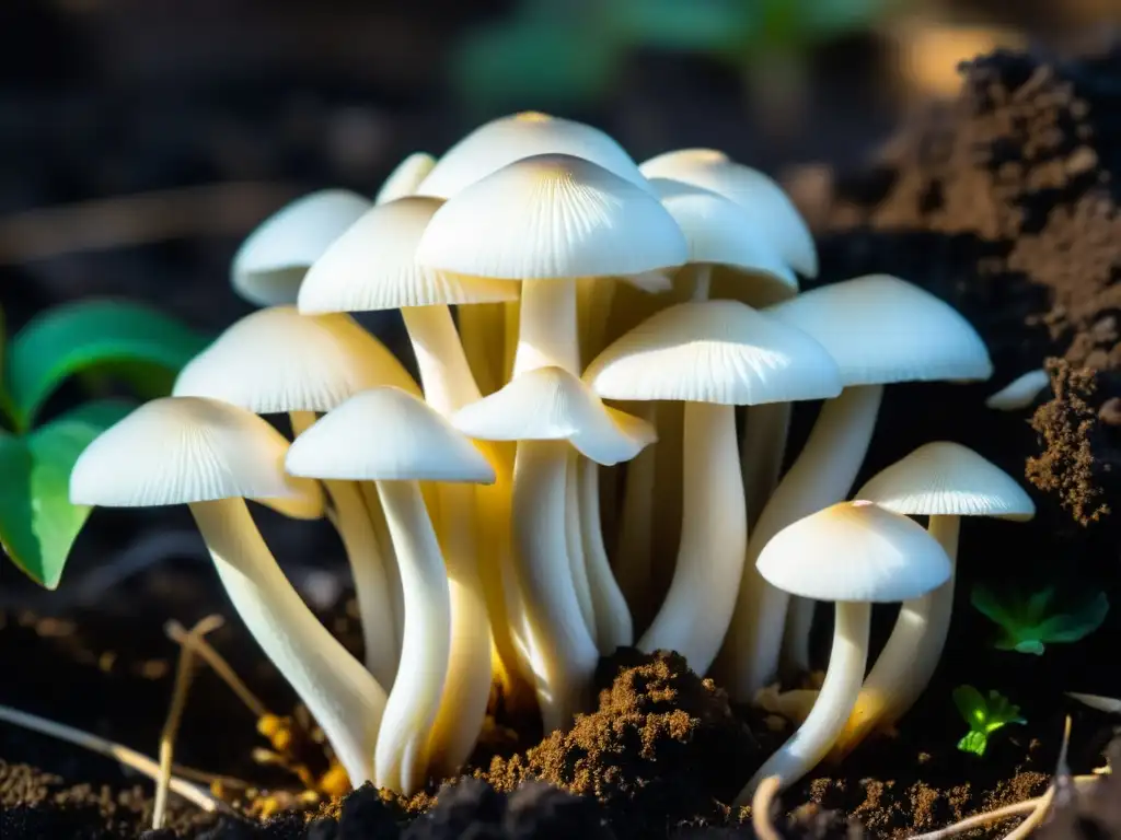 Cultivo de hongos en casa sostenible: Detalle de hongos ostra blancos en suelo oscuro, con delicadas láminas y gotas de rocío