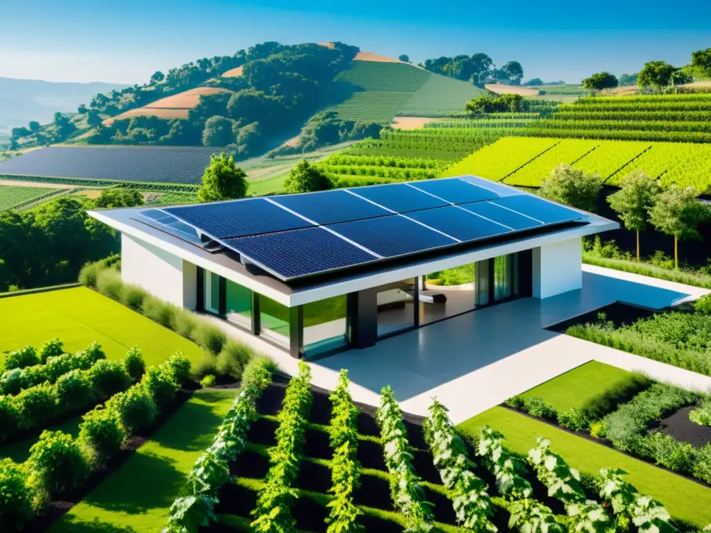 Cultivos energéticos del futuro: Casa moderna con paneles solares integrados en el techo, rodeada de exuberante vegetación