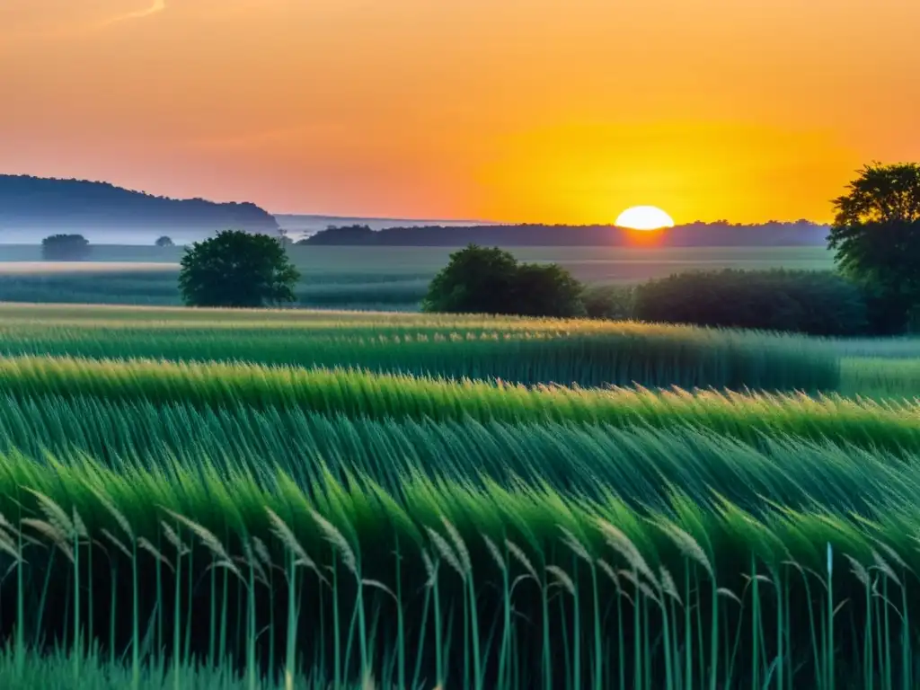 Cultivos energéticos del futuro: extenso campo de miscanthus verde vibrante mecido por la brisa al atardecer