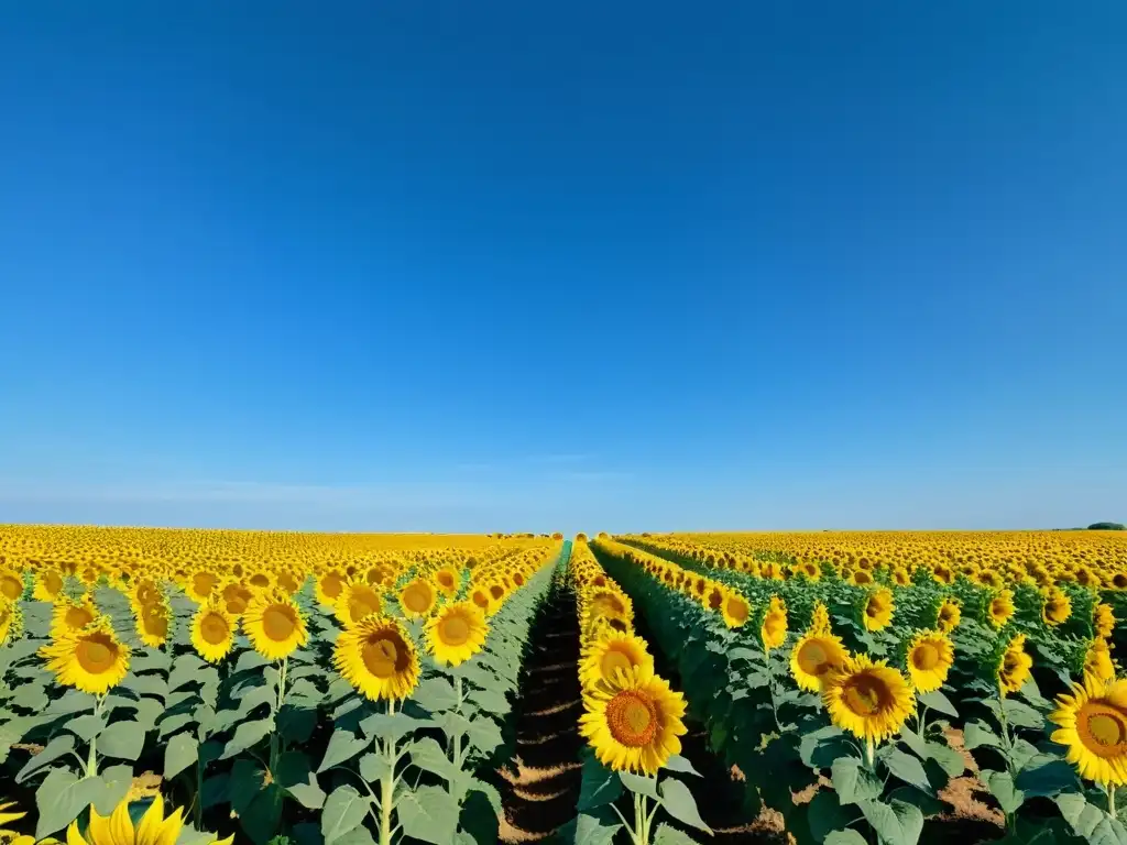 Cultivos energéticos sostenibles para bioenergía: un campo vibrante de girasoles bajo el cielo azul, con abejas y mariposas entre las flores