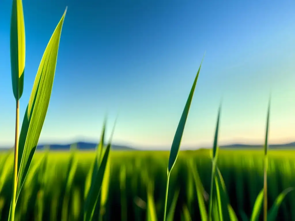 Campo de switchgrass verde exuberante: belleza natural Cultivos energéticos sostenibles para hogar: Detalle de campo de switchgrass, verde y armonioso bajo la suave luz del sol