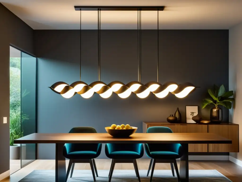 Iluminación decorativa sostenible para hogar: Una moderna y minimalista lámpara colgante brilla cálidamente sobre una mesa de comedor, con su diseño elegante y bombillas LED eficientes