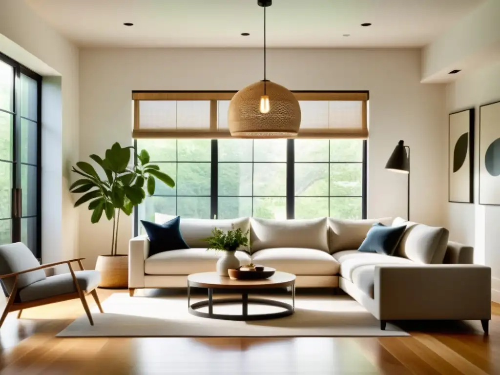 Iluminación decorativa sostenible para hogar en una sala minimalista con toques modernos y cálida iluminación natural