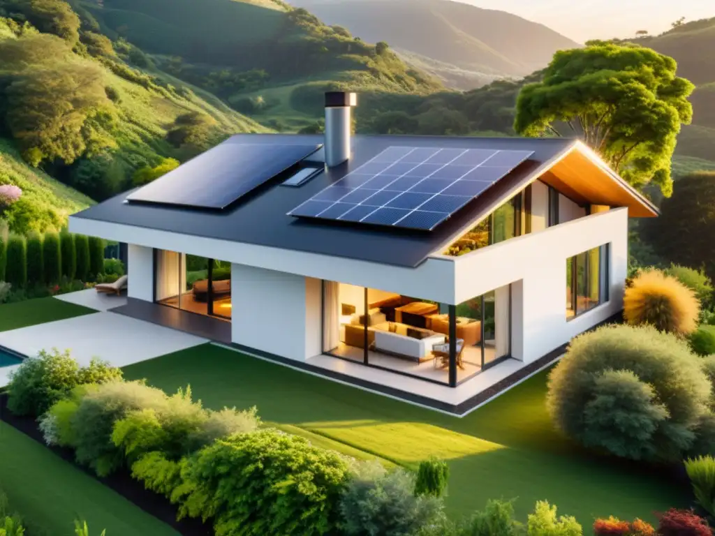 Casa ecológica al atardecer con paneles solares Derechos de propiedad en energías renovables: casa ecológica con paneles solares, rodeada de vegetación, bañada por la cálida luz del atardecer